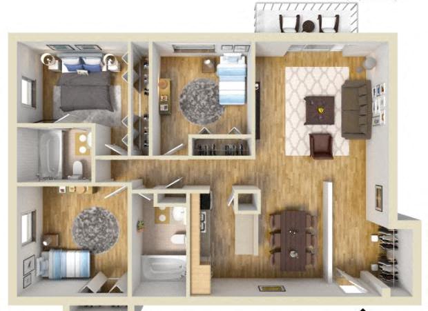 Floor plan for 3 beds, 2 baths, 1350 sqft
